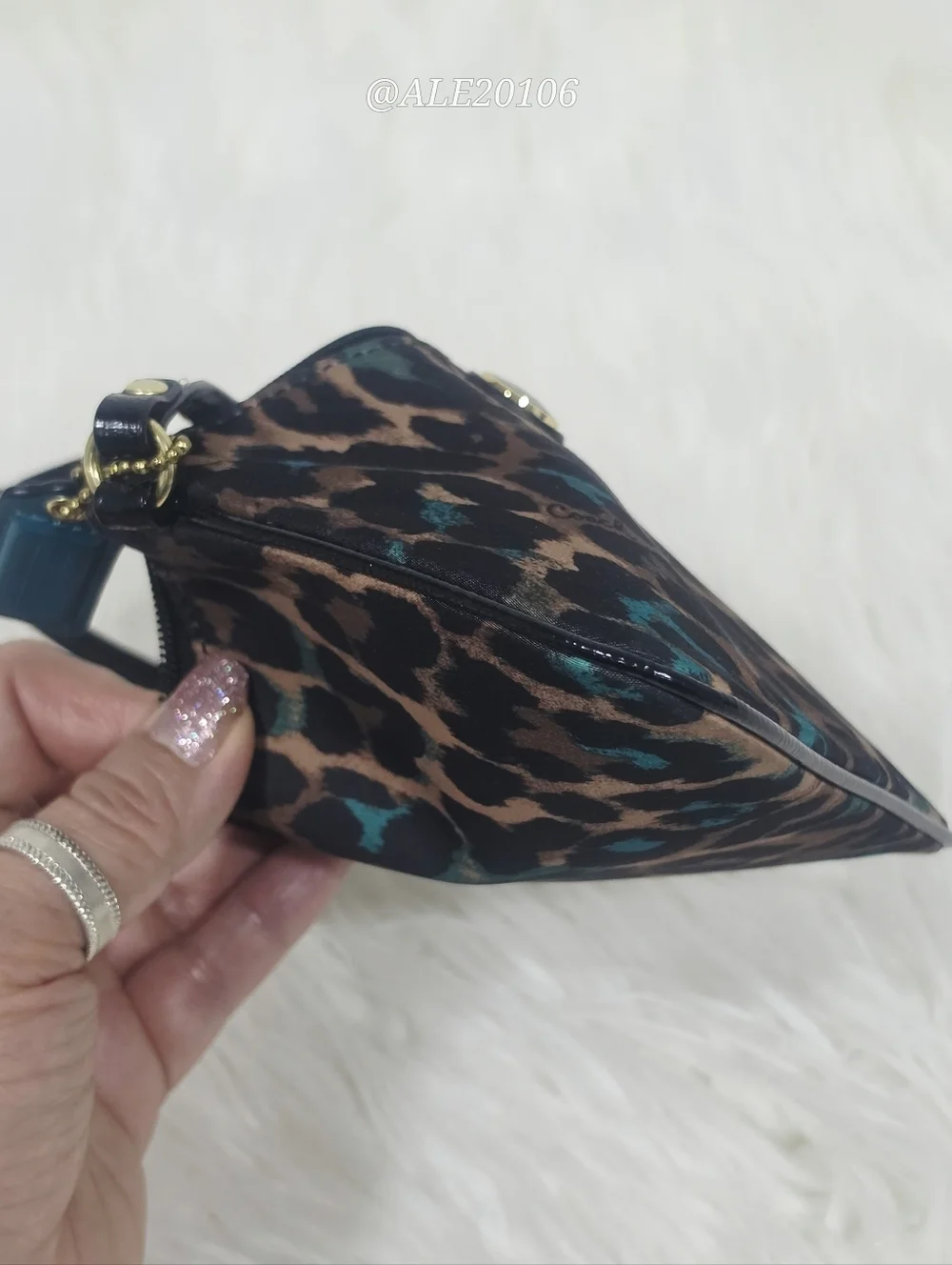 Coach Leopard Print Wristlet Zip Pouch Brown Teal Small Bag